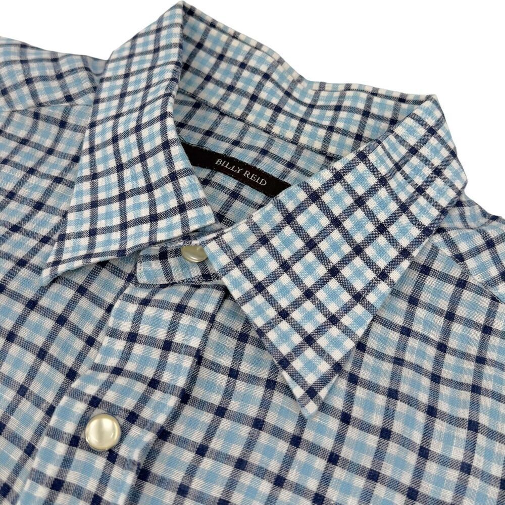 Billy Reid Men's 100% Italian Linen Flax Plaid Pearl Snap Shirt Blue Check Large